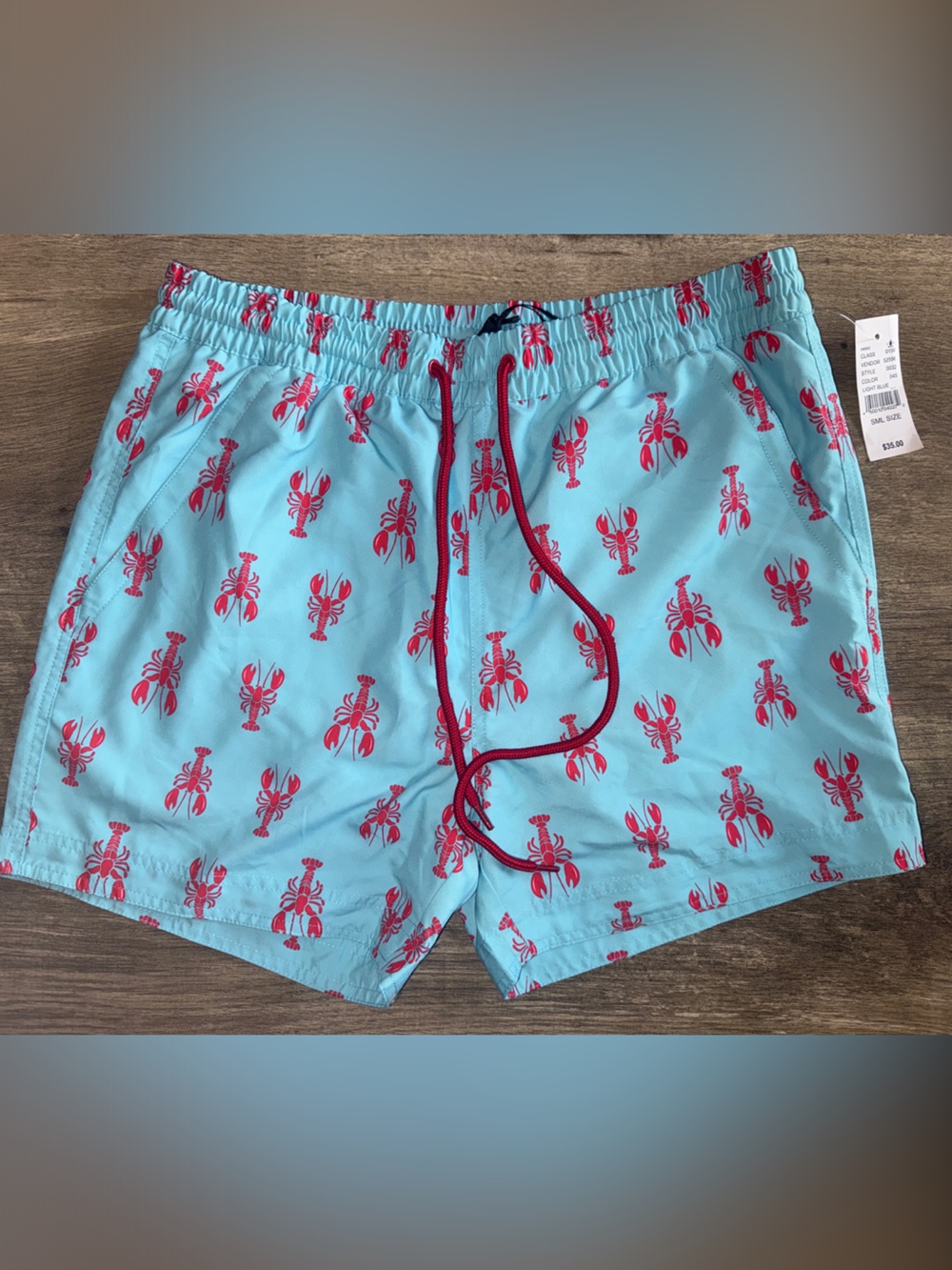 Men's Lobster Print Swim Trunks - Light Blue with Red